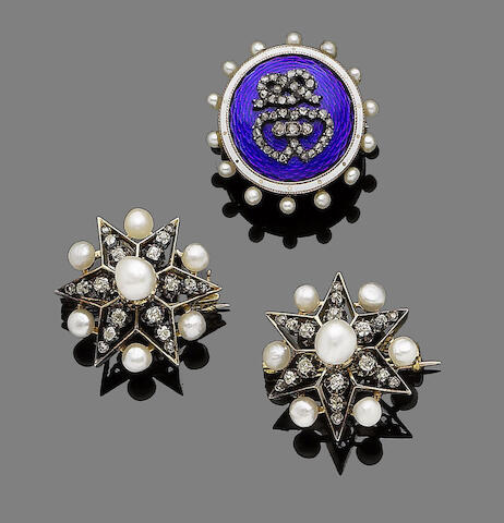 Bonhams Two Pearl And Diamond Brooches Hair Pins And An Enamel