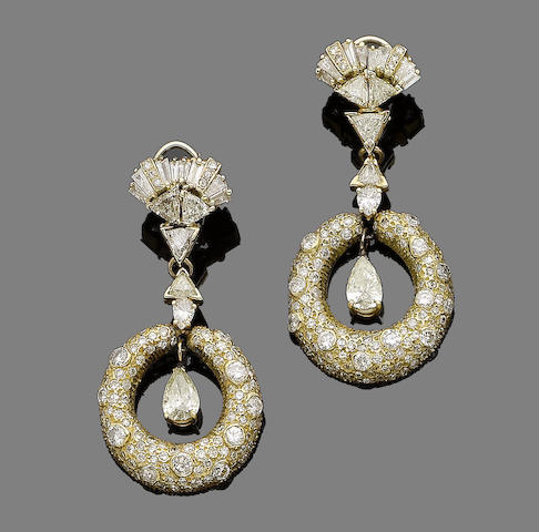 Bonhams : A pair of diamond pendent earclips