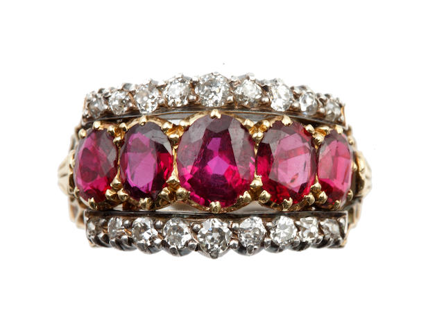 A ruby and diamond half hoop ring