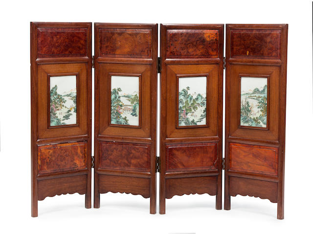 A Chinese four-fold table screen inset with famille rose porcelain panels Mid to late 19th Century