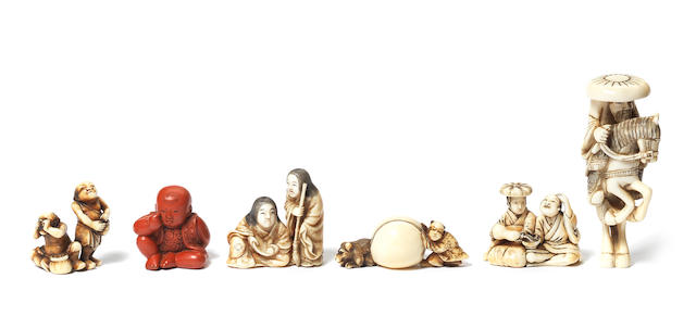 Five ivory and one tsuishu lacquer netsuke The second by Anraku, the fourth by Bunsho and the fifth by Tomohisa, 19th century