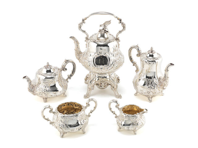 A Victorian five-piece silver tea and coffee service including kettle-on stand by A. B. Savory & Sons, London 1881-1890  (5)