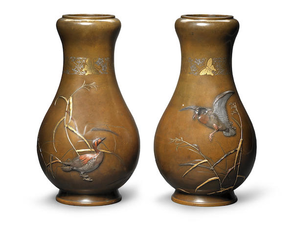 A fine pair of inlaid bronze vases Attributed to Suzuki Chokichi for the Kiryu Kosho Kaisha Company, Meiji Period
