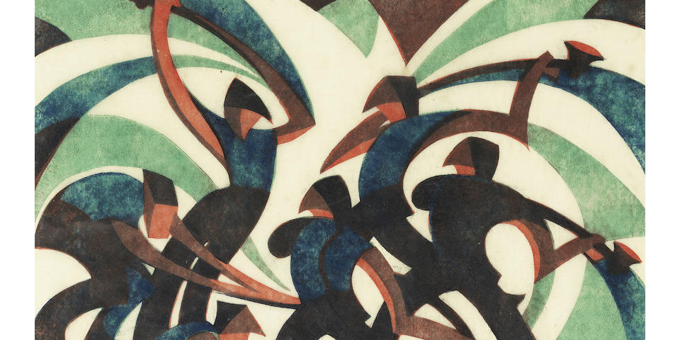 Sybil Andrews, CPE (British/Canadian, 1898-1993) Sledgehammers (Coppel SA 26) Linocut printed in spectrum red, viridian and Chinese blue, 1933, a richly inked impression, on buff oriental laid tissue, signed, titled and numbered 24/60 in pencil, with margins, 202 x 228mm (8 x 9in) (B)