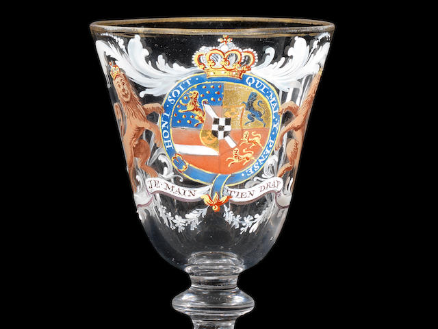 A highly important Beilby enamelled and gilt Royal armorial light-baluster wine glass for Prince William V of Orange and Nassau, circa 1766