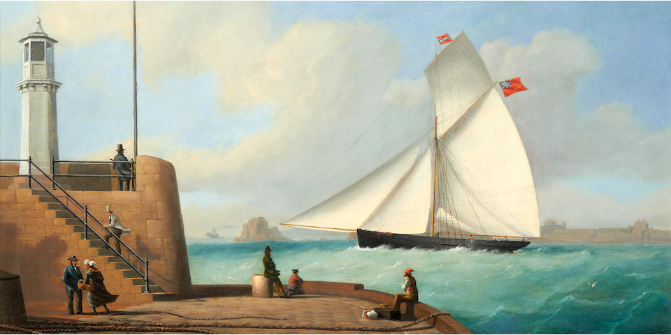 Philip John Ouless (British, 1817-1885) The cutter Eclipse passing the old lighthouse as she enters St. Helier harbour, Jersey