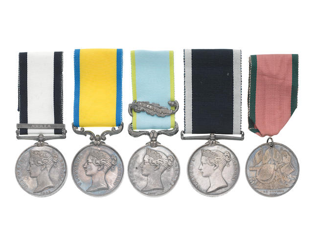 Five to Gunner's Mate G.Tucker, Royal Navy, Naval General Service 1793-1840, one bar, Syria (George Tucker.); Baltic 1854-55, unnamed as issued; Crimea 1854-56, one bar, Sebastopol (loose), unnamed; Royal Naval Long Service and Good Conduct, V.R. wide suspender, engraved (Geo Tucker Grs Mate. H.M.S. Russell. 22 Ys.); Turkish Crimea, Sardinian issue (missing loop). With 14 minor WW2 medals, badges (4), WW2 miniatures (3).