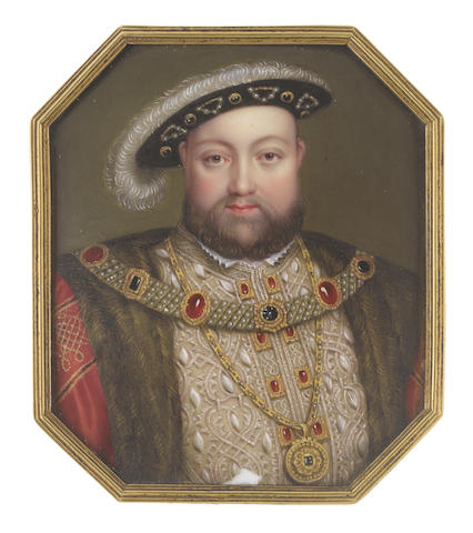 Henry Pierce Bone (British, 1779-1855), after Hans Holbein the Younger (German, c.1497-1543) Henry VIII (1491-1547), King of England (1509-1547), wearing buff doublet slashed to reveal white, embroidered with gold and bearing gold and ruby buttons, small white collar, red cloak embroidered with gold at the sleeves and trimmed with fur, jeweled collar, gold pendant chain, black hat studded with pearls and matching jewels and carrying a large white plume