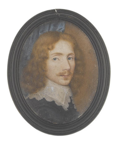 Circle of Thomas Flatman (British, 1637-1688) A Gentleman, wearing black doublet and white lawn collar edged with lace, his natural hair falling to his shoulders