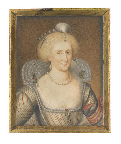 George Perfect Harding (British, born circa 1780-1853), after Paul van Somer (Flemish, 1576-1621) Queen Anne of Denmark (1574-1619), Queen Consort of England and Ireland (1603-1619), wearing white dress embroidered with gold, her sleeves slashed to reveal red, white lace inset, neckline set with pearls and pinned to her bodice with a jeweled cross, embroidered fan-shaped ruff adorned with the crowned 'S', referring to her mother, Sophia of Mecklenburg and the crowned 'C4' to her brother, Christian IV of Denmark (1577-1648), pearl necklace and matching earring, her hair upswept and elaborately dressed with pearls and a cross-bow jewel