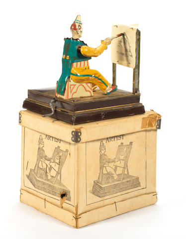 Boxed Vielmetter tinplate mechanical drawing clown 'The Artist', a late 19th Century