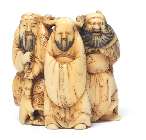 An ivory netsuke okimono of three Chinese generals By Sangetsusai, 19th century