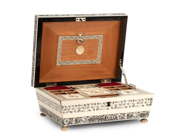 A 19th century Anglo-Indian ivory and sandalwood work boxVizigapatam, probably second quarter 19th century