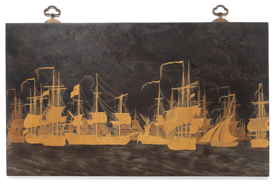 A fine and rare export lacquered-copper rectangular plaque circa 1790-1795