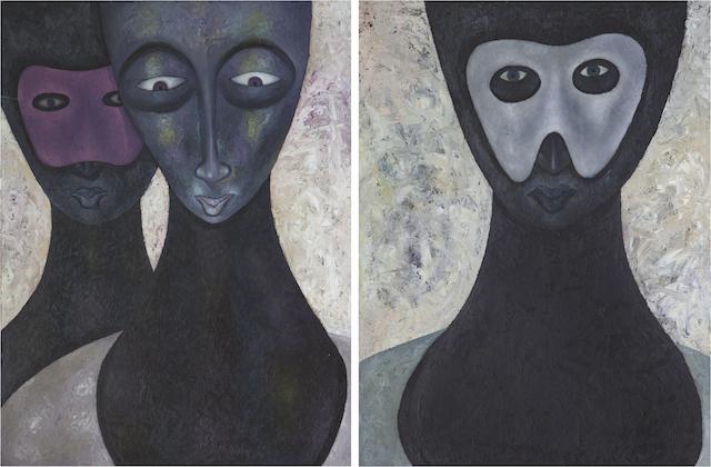 Anthony Okello (Kenyan, born 1976) Masquerade, 2013 each 42 x 63cm (16 9/16 x 24 13/16).  diptych (2)
