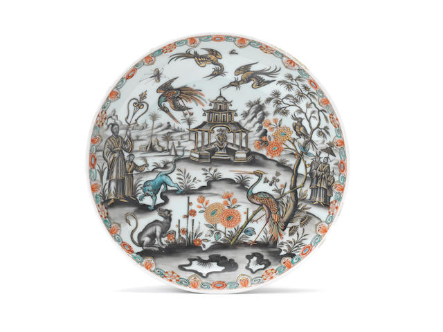 A very rare Chinese porcelain dish decorated in the Preissler workshop in Kronstadt (Bohemia), circa 1730