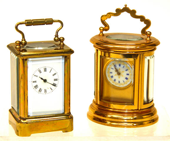 A late 19th century French gilt brass miniature carriage timepiece