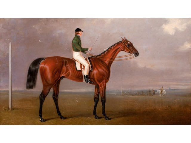Robert Drewell (British, 1844-1860) 'Lord William Hill, Captain Royal Scots Greys' (1816-1844) riding a race horse, wearing racing colours,