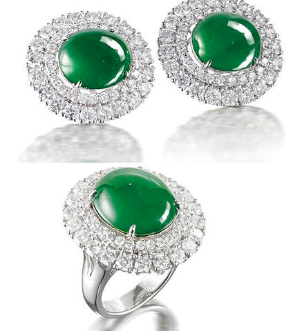 Bonhams : A jadeite and diamond ring and earring suite (2)