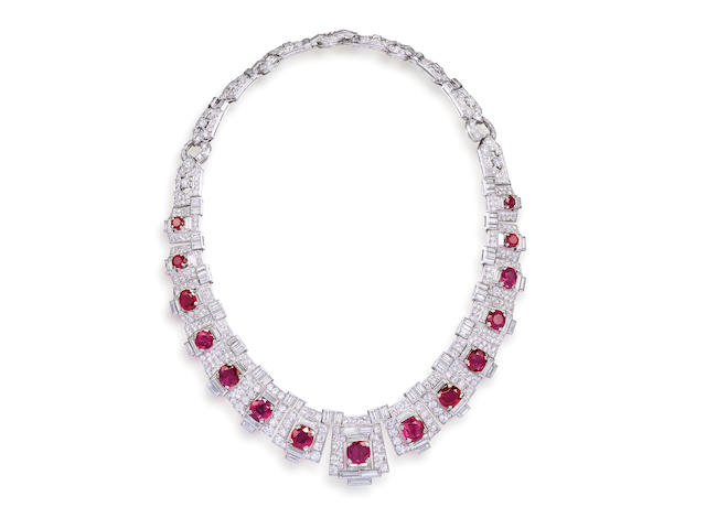 An important art deco ruby and diamond necklace, by Cartier,