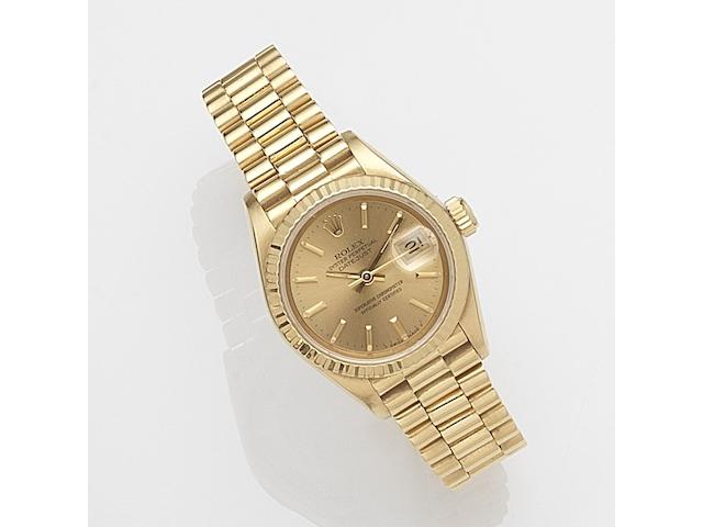 Rolex. A lady's 18ct gold automatic calendar bracelet watchDatejust, Ref:69178, Case No.895****, Movement No.355***, Circa 1985