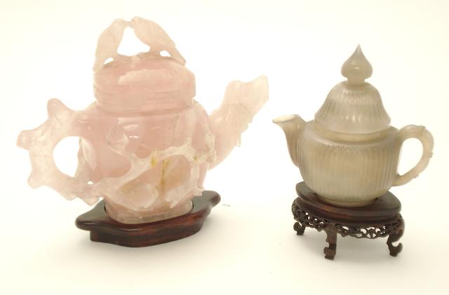 A rose quartz wine ewer and an agate teapot 19th century
