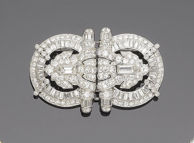 An art deco diamond double-clip brooch,