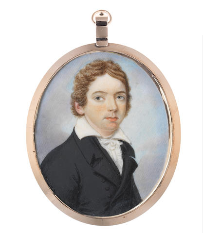 Circle of Charles Hayter (British, 1761-1835) A portrait of a young Gentleman, generally accepted as John Keats (1795-1821), wearing black double-breasted coat and waistcoat, white frilled chemise, stock and tie