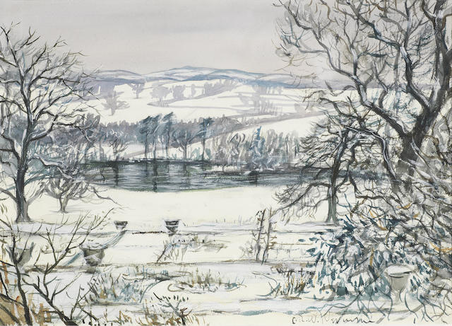 Christopher Richard Wynne Nevinson A.R.A. (British, 1889-1946) Snow in Derbyshire 24.4 x 34.4 cm. (9 5/8 x 13 1/2 in.)