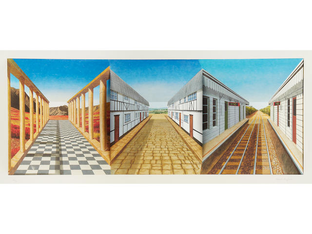Patrick Hughes (British, born 1939) Journeys Hand painted 3D lithographic multiple in colours, 2000, signed and numbered 34/40 in pencil, printed and hand-coloured by Jack Shireff at the 107 Workshop, Wiltshire, in the original perspex presentation box, 420 x 875 x 170mm (16 1/2 x 34 1/2 x 6 3/4in)(Overall)