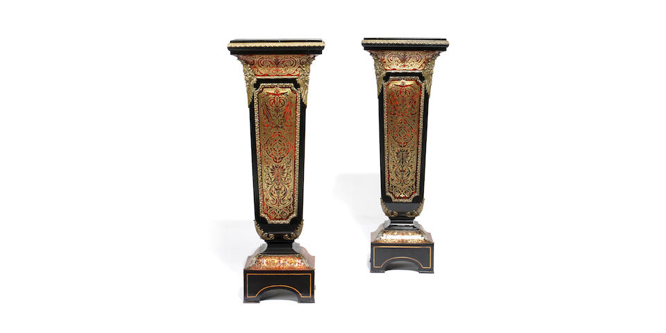 A pair of late 19th century ebony, ebonised, tortoiseshell and brass 'Boulle' marquetry pedestals