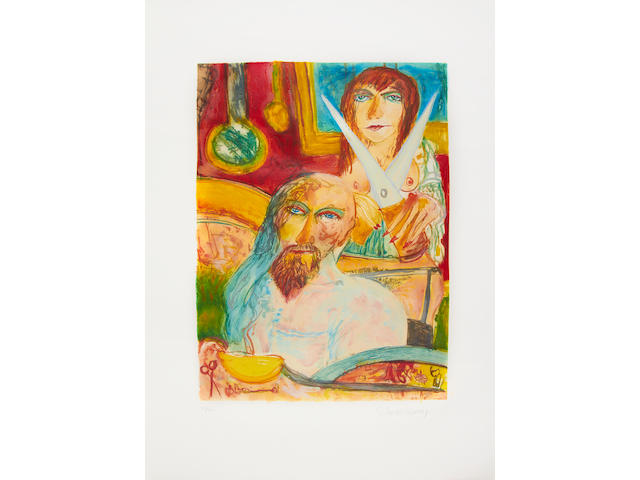 John Bellany CBE RA HRSA LLD(Lon) (British, born 1942) The Bellany Sextet The complete set of six etchings with aquatint printed in colours, 1993, titled 'Samson & Delilah', 'Moonlight', 'The Presence', 'Perdu', 'The Lovers' and 'The Fright', each on wove, each signed and numbered 21/50 in pencil, with full margins, loose as issued within the original red linen-covered portfolio, each 745 x 555mm (29 3/8 x 21 7/8in)(PL)(unframed)(6)