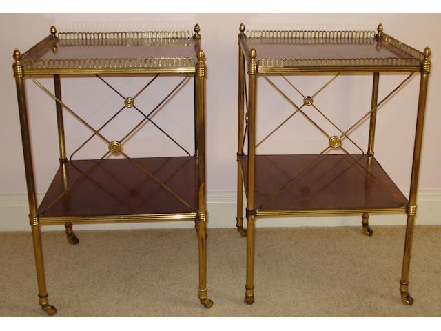 A pair of 20th Century rosewood banded and gilt brass mounted two tier etergeres, with galleried tops, and 'X' grills on three sides, 37 x 37cm.