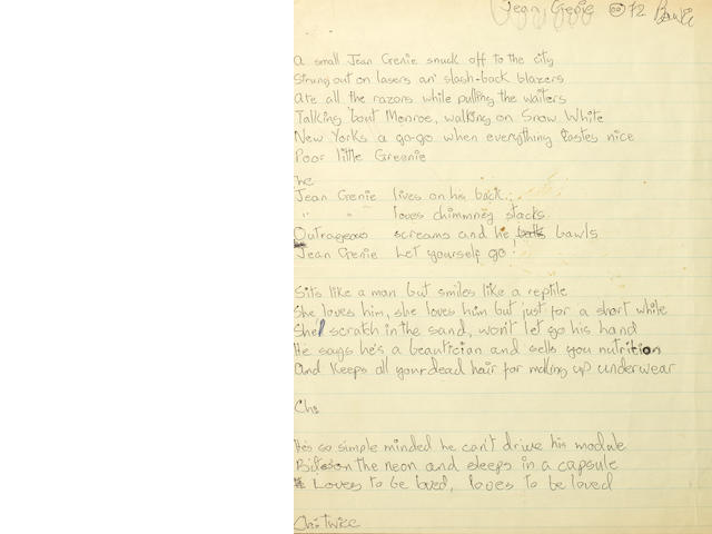 David Bowie: A rare set of handwritten lyrics for The Jean Genie, signed Bowie dated 1972,