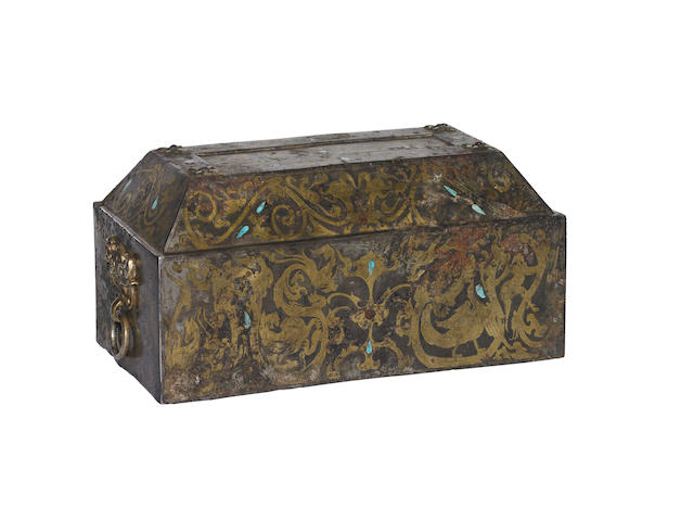 A Chinese Han-style etched and inlaid bronze box with cover
