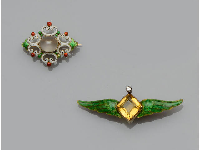 Child & Child: A gem set and enamel brooch and a moonstone and enamel brooch (2)
