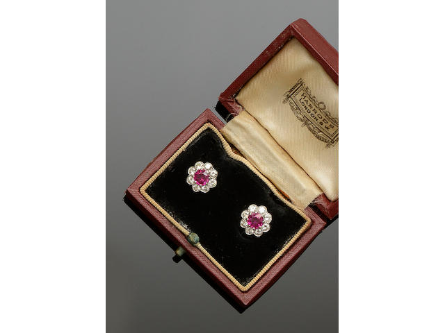 A pair of ruby and diamond cluster earstuds
