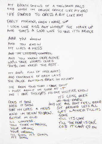 Bonhams Robbie Williams A Page Of Handwritten Lyrics For The Song Strong 1999 Chrysalis