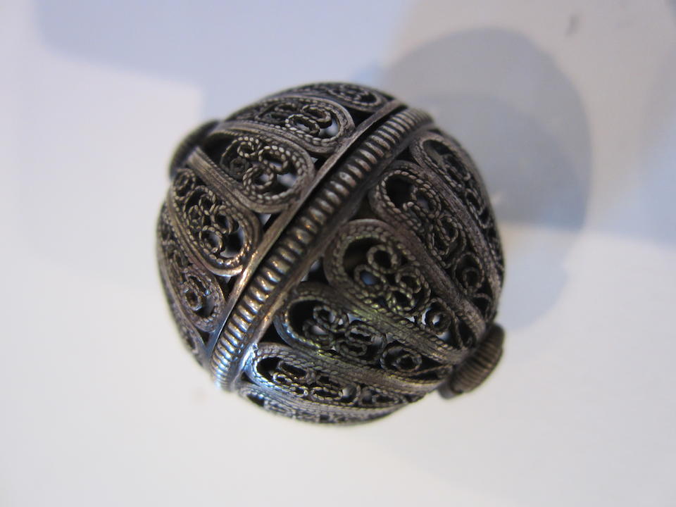 A late 17th/early 18th century silver filigree pomander apparently unmarked