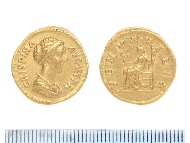 Crispina Gold Aureus 7.2g. Obv CRISPINA AUGUSTA Draped bust r. Rev VENUS FELIX Venus seated l holding victory and sceptre, dove beneath seat. RIC 287 Sear 5993.
