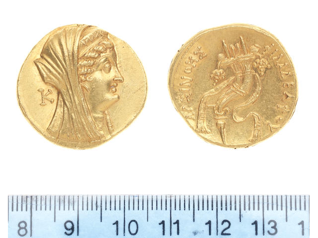 Egypt Ptolemy VI  180-145 BC Gold Octodrachm 27.9g  Obv Head of Arsinoe r wearing diadem, in field K. Rev Double cornucopiae bound with fillet. Cop 322, Sear 7888A.