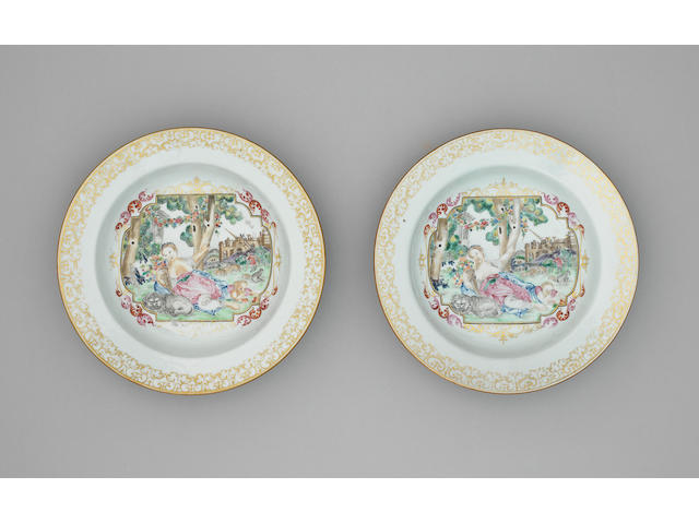 A pair of famille rose export 'European subject' soup plates Qianlong, circa 1760