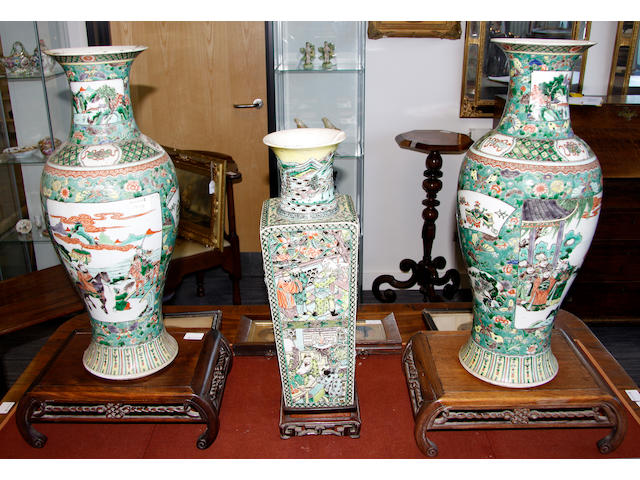 A Famille vert vase and stand together with a pair famille vert vases