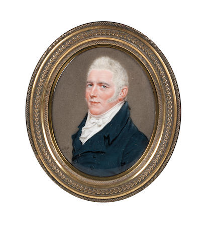 John Smart (British, 1742-1811) James Amos Esq., wearing dark blue coat, white waistcoat, frilled chemise and tied stock