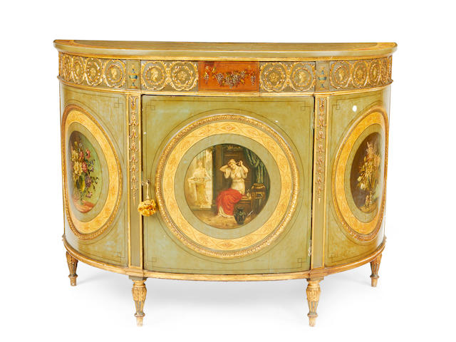 A late Victorian polychrome decorated demi-lune side cabinet in the George III style