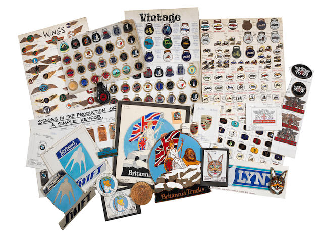 A large archive of motoring and aviation enamelled plaques, badges, lapel pins and key-fobs from Manhattan-Windsor Products Limited of Birmingham,