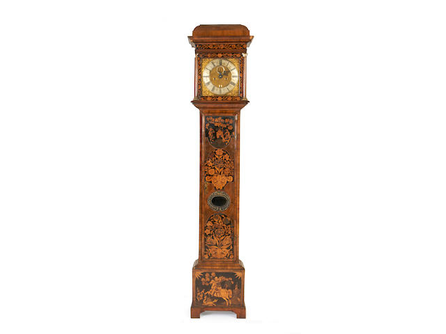 A marquetry longcase clock and associated movement signed Benjamin Wright, London