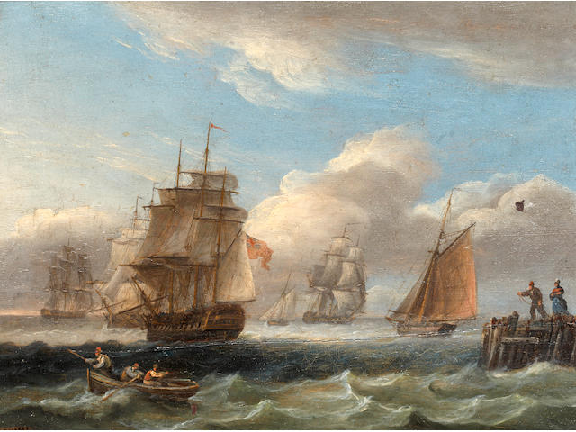 Thomas Luny (St Ewe 1759-1837 Teignmouth) Royal Naval warship and other shipping off the coast in rough seas; and A Warship in a calm (a pair)