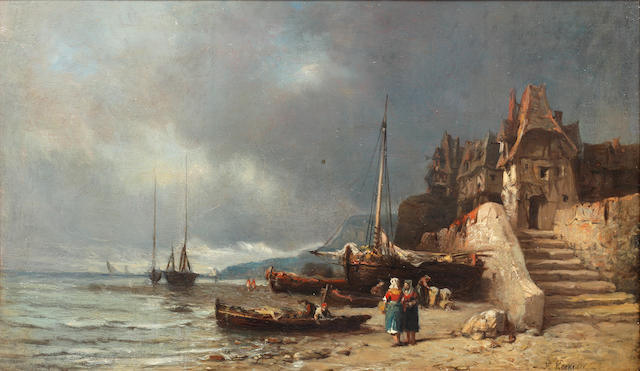 Follower of Hermanus Koekkoek the Elder (Dutch, 1815-1882) Coastal scene with figures under stormy skies