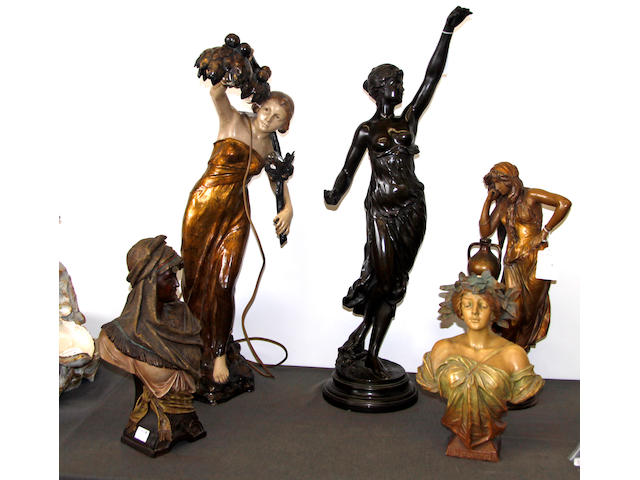 A spelter figure of a lady, two terracotta figures and two busts
